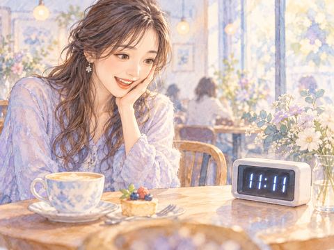 11時11分を示す時計を見てうれしそうにする女性