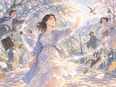 手をかざして人々や舞う葉の動きを止める女性