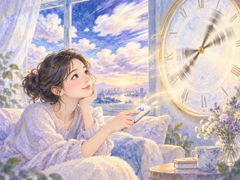 リモコンで時間を早送りし時計の回転を見つめる女性
