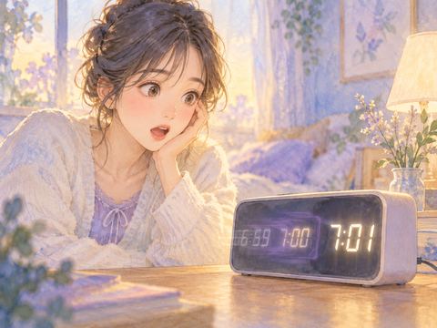 数字が変化するデジタル時計を驚いて見つめる女性