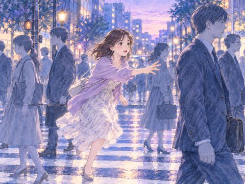 静止した街で動かない人々へ不安そうに呼びかける女性