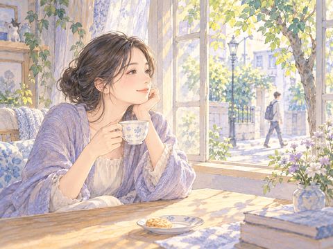 静止した木の葉を窓辺で穏やかに眺める女性