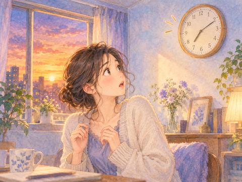 急に夕方になった窓と時計を見て驚く女性