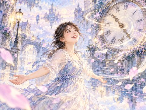 逆回りする時計やゆっくり動く景色を楽しむ女性