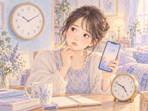 異なる時刻の壁時計と置き時計を見比べて迷う女性
