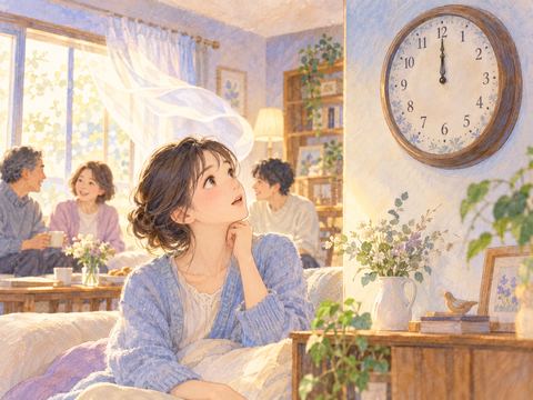 針が止まった壁時計を見上げる女性と普段どおりの家族