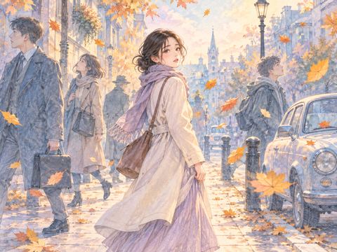 動きを止めた人々と車の間を一人だけ歩く女性