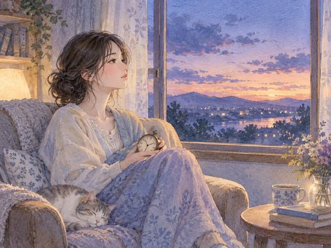 夕暮れが変わらない窓辺で時計を見つめる女性