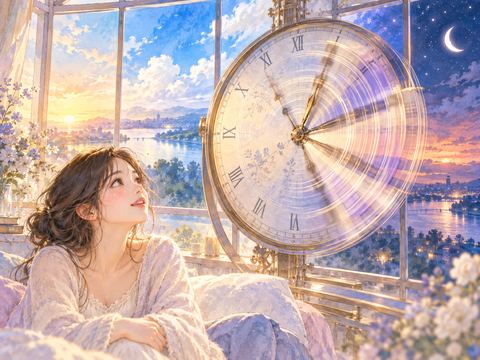 高速で回る時計と移り変わる窓の光に驚く女性