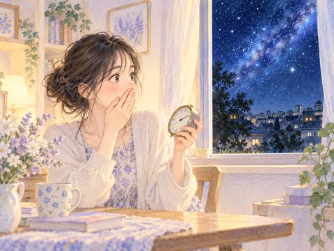 突然夜になった窓の外と時計を見て驚く女性