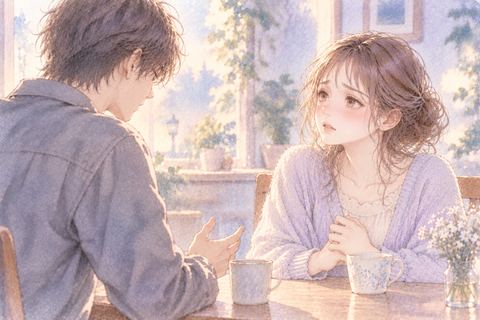 向かい合って別れ話を聞く大人の女性