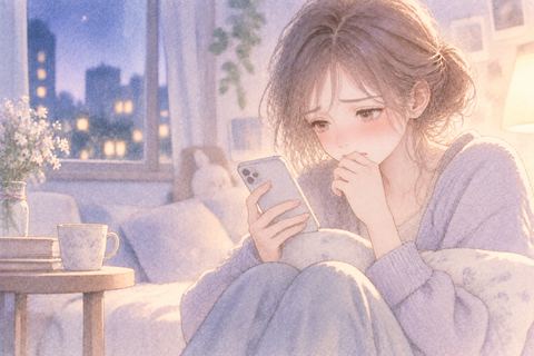 別れのメッセージを見て沈む大人の女性