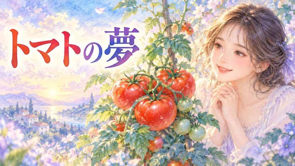 赤く熟したトマトと青い実を優しく見つめる大人の女性
