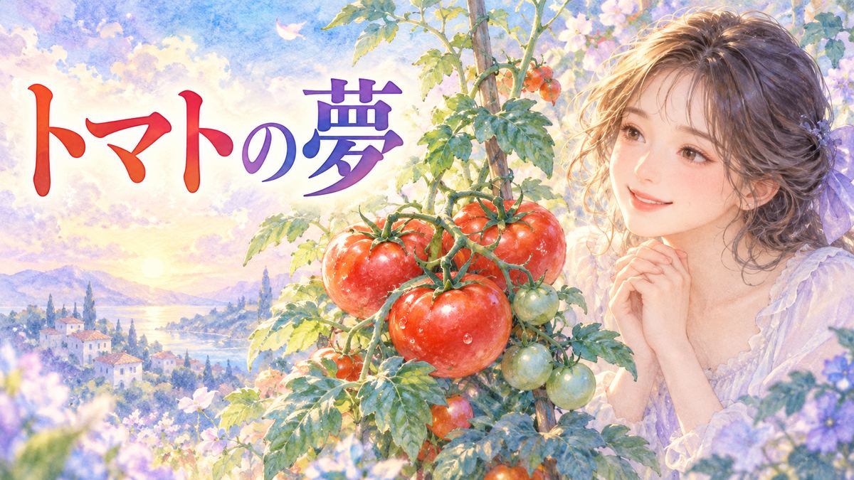 赤く熟したトマトと青い実を優しく見つめる大人の女性