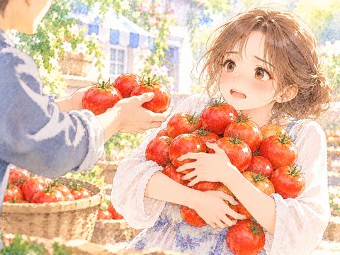 両手いっぱいのトマトを抱え困った表情の女性