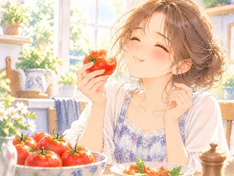 熟した赤いトマトを一口食べて微笑む女性