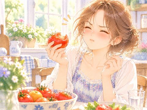 トマトを食べて酸っぱそうに顔をしかめる女性