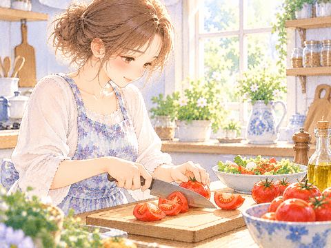 まな板の上で赤いトマトを丁寧に切る女性