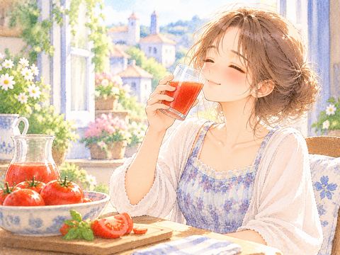 赤いトマトジュースを飲んでほっとする女性