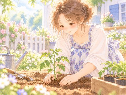 庭の土に小さなトマトの苗を植える女性