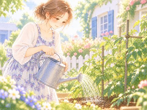 庭で育つトマトの株にじょうろで水をあげる女性
