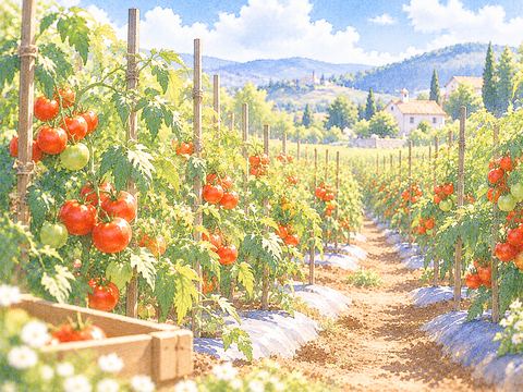 赤い実がついたトマトの株が何列も続く畑