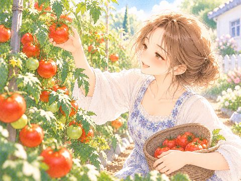 枝から真っ赤に熟したトマトを収穫する女性