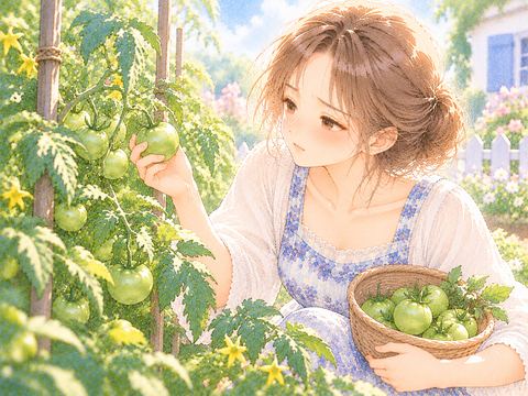 枝から緑色の未熟なトマトを摘み取る女性