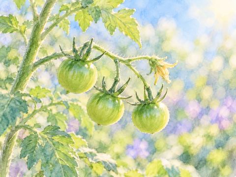 庭の枝で育っている小さな緑色の未熟なトマト