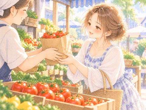 八百屋で赤いトマトを買い紙袋を受け取る女性