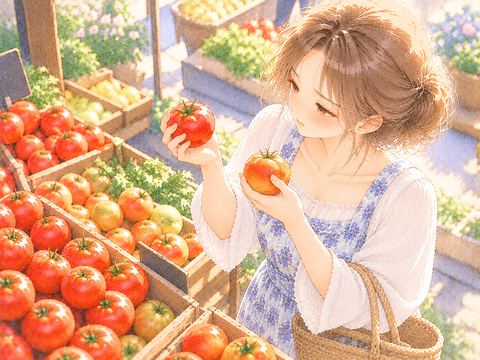 店頭で赤いトマトの色や鮮度を見比べる女性