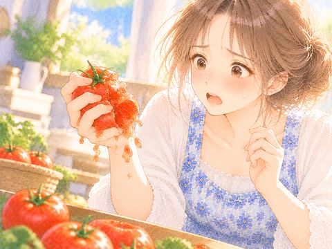 手の中で赤いトマトが潰れて驚く女性