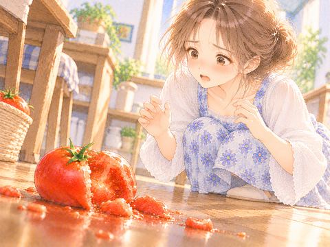 木の床に落ちて割れた赤いトマトを見つめる女性