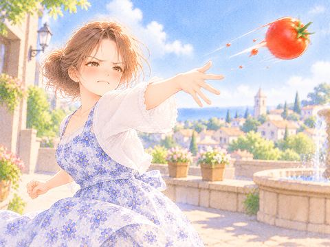 不満そうな表情で赤いトマトを投げる女性