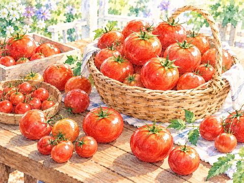 木のテーブルにかごいっぱいの赤いトマトが並ぶ様子