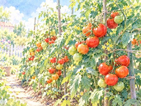庭の支柱に沿って伸びる枝にたくさん実ったトマト