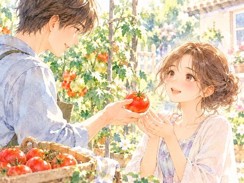 好きな男性から赤いトマトを渡され照れる女性