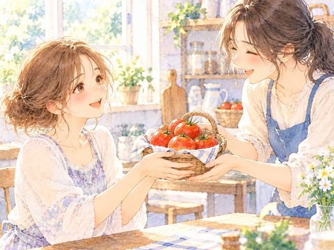 友人からトマトの入った小さなかごを受け取る女性