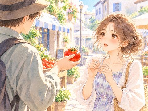 見知らぬ人からトマトを差し出され少し驚く女性