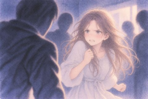 迫る人影を怒った表情で見返す女性