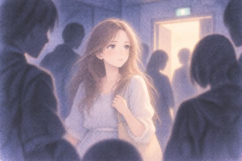 不穏な人影の中で冷静に周囲を見る女性