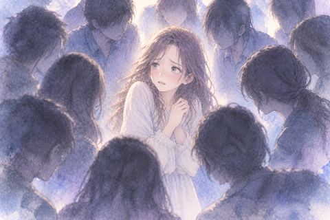 大勢の人影に囲まれ身を縮める女性