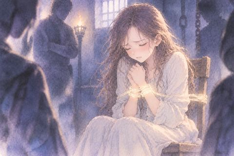 拘束されたまま苦しさに耐える女性