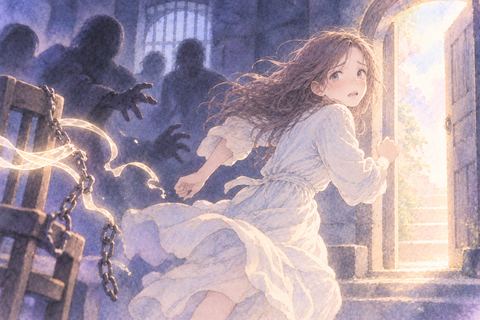 暗い拘束の場から出口へ走る女性