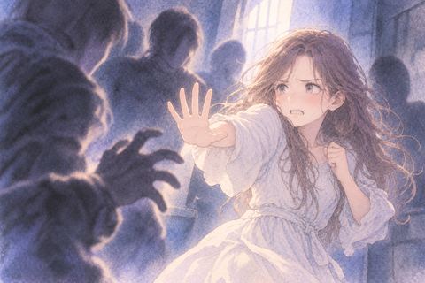 迫る人影に手を上げて抵抗する女性