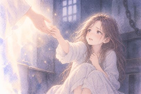 暗い場所から差し伸べられた手を取る女性