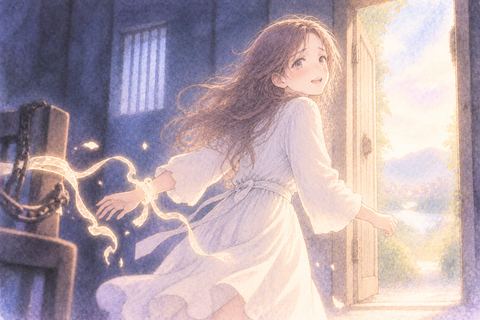 拘束がほどけ明るい出口へ歩く女性