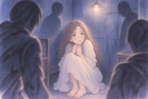 閉ざされた空間で恐怖に身をすくめる女性