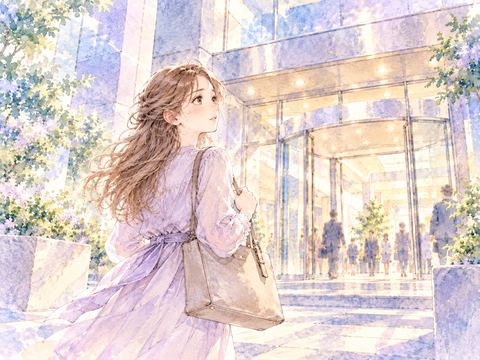 仕事用バッグを持ち新しいオフィスへ向かう女性