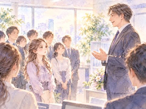 転勤する上司の挨拶を職場で聞く女性